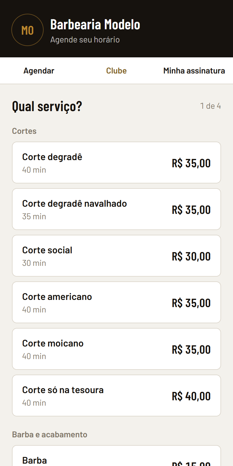 Página onde o cliente escolhe o serviço para agendar