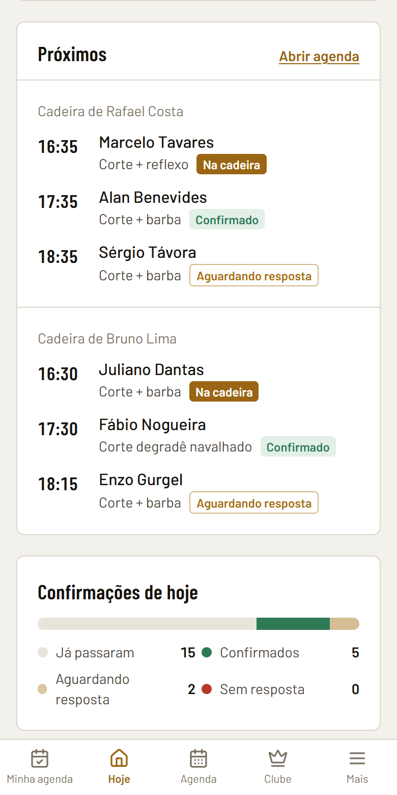 Tela Hoje do app: próximos clientes de cada cadeira com status confirmado, na cadeira e aguardando resposta